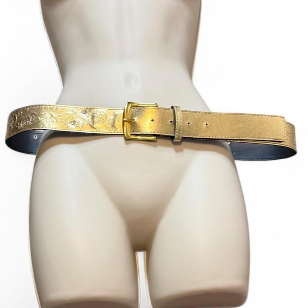 Vintage Y2K Gold Metallic Rhinestone Floral Embossed Faux Leather Belt
